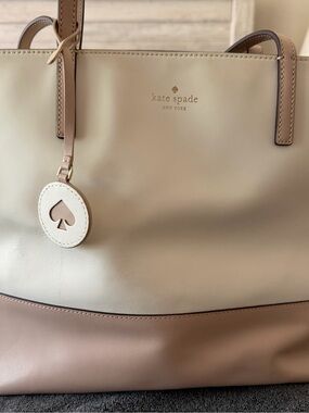 kate spade Cream and Tan Two-Tone Leather Tote with Spade Charm